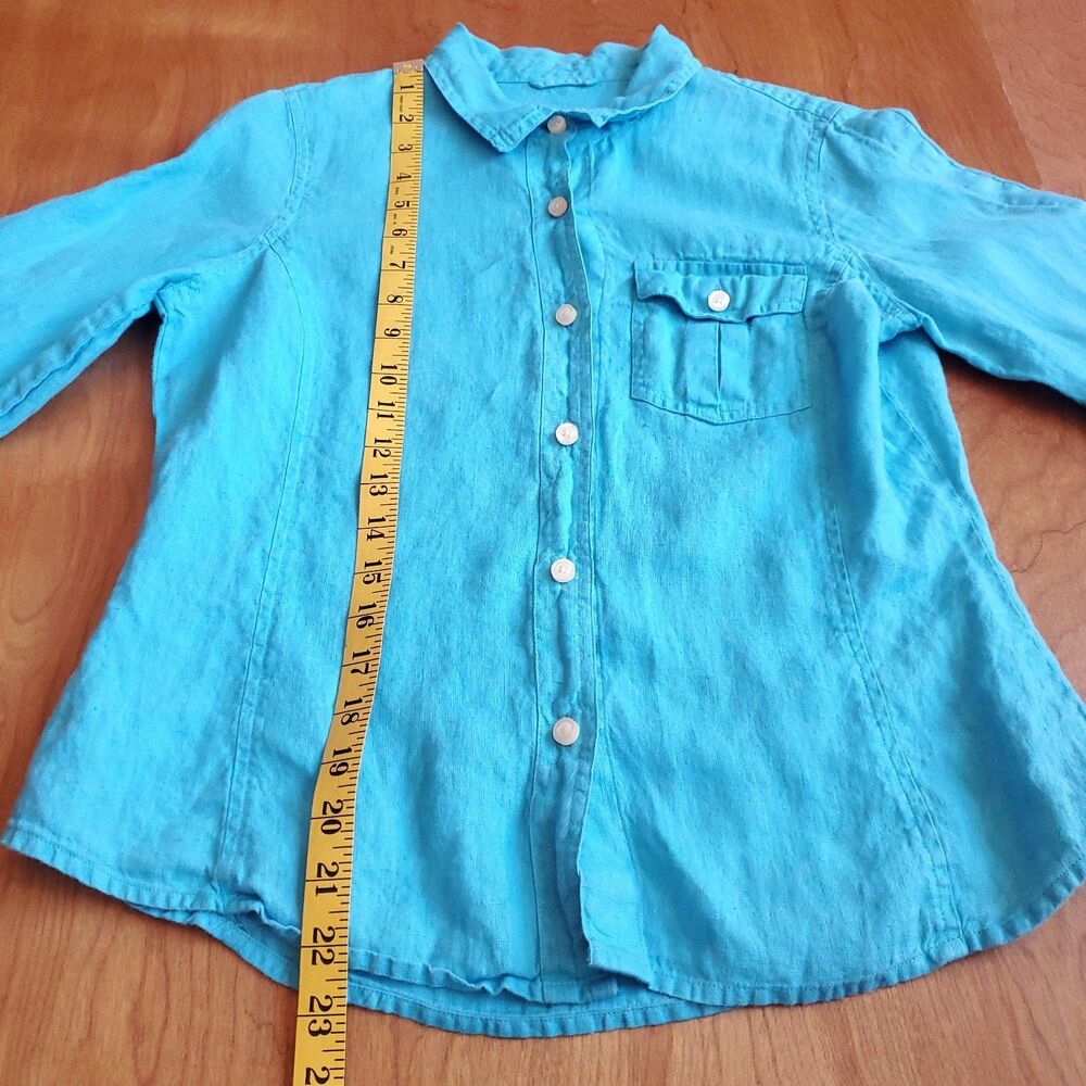 Talbots 100% Pure Irish Linen Top Petite Small Button Up 3/4 Sleeve Bright Blue - Picture 6 of 10